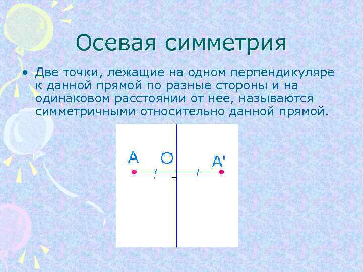 Осевая симметрия • Две точки, лежащие на одном перпендикуляре к данной прямой по разные