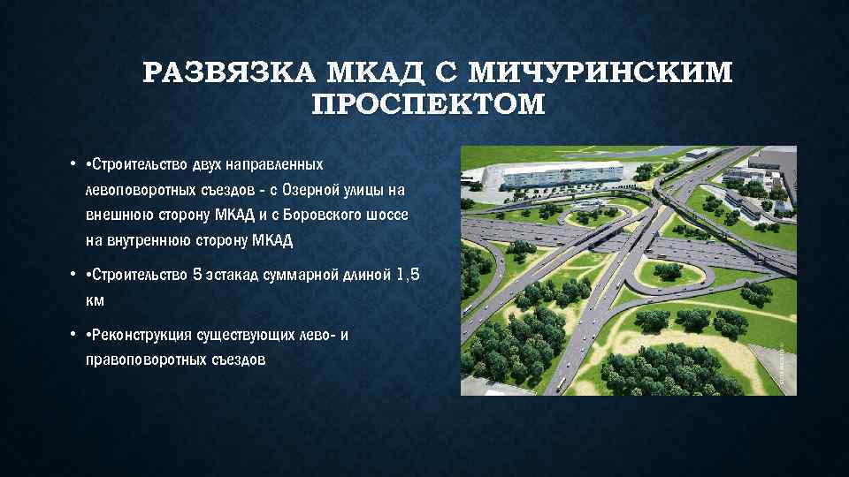 РАЗВЯЗКА МКАД С МИЧУРИНСКИМ ПРОСПЕКТОМ • • Строительство двух направленных левоповоротных съездов - с