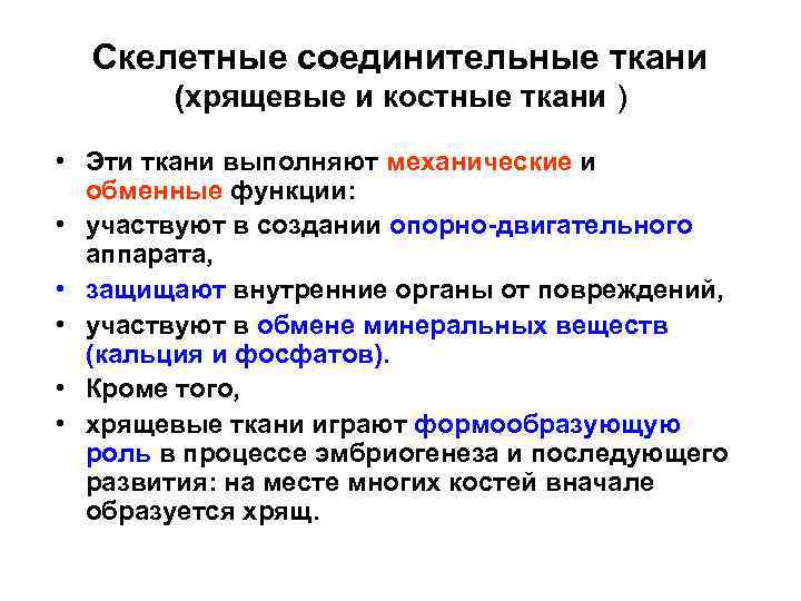 Скелетные соединительные ткани (хрящевые и костные ткани ) • Эти ткани выполняют механические и