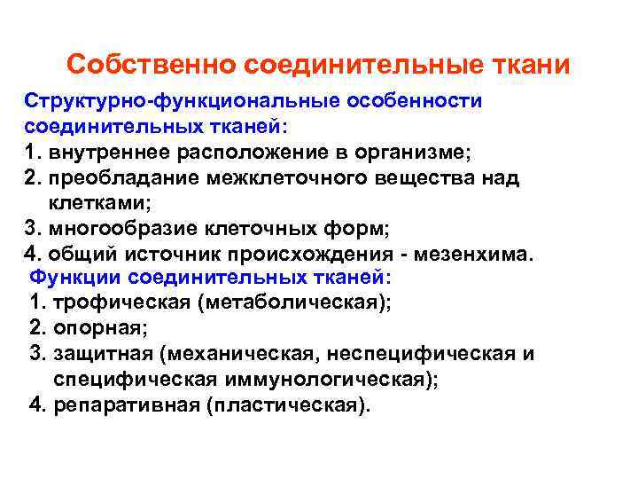 Собственно соединительные ткани Структурно-функциональные особенности соединительных тканей: 1. внутреннее расположение в организме; 2. преобладание