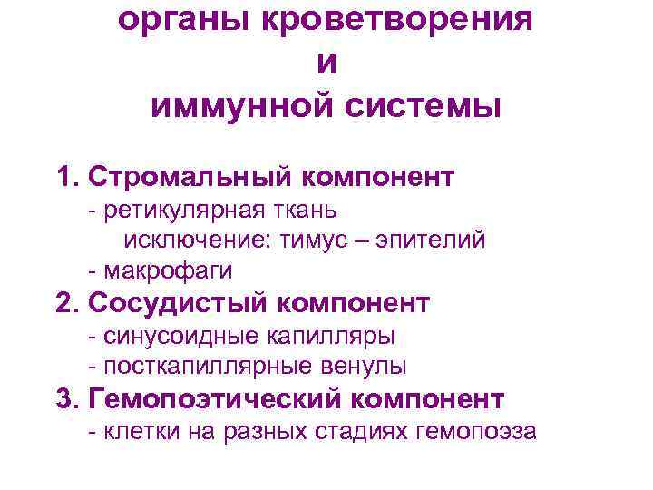 органы кроветворения и иммунной системы 1. Стромальный компонент - ретикулярная ткань исключение: тимус –