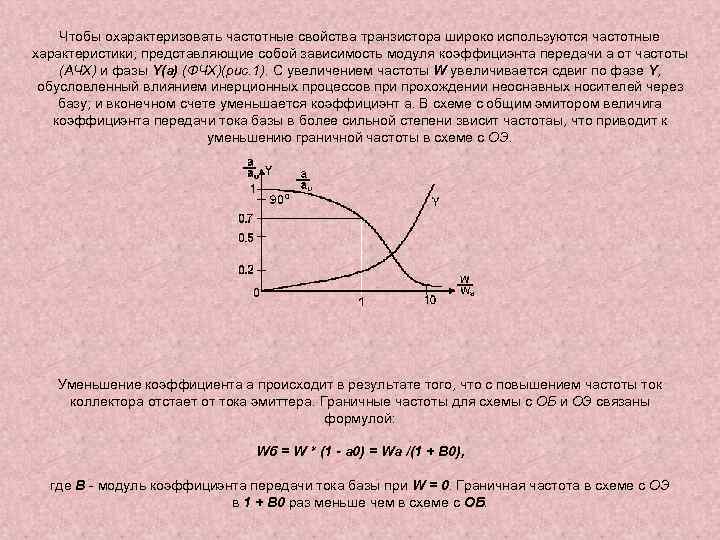 Чтобы охарактеризовать частотные свойства транзистора широко используются частотные характеристики; представляющие собой зависимость модуля коэффициэнта