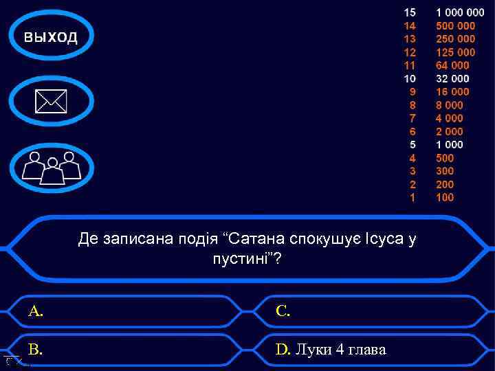 Де записана подія “Сатана спокушує Ісуса у пустині”? А. С. В. D. Луки 4