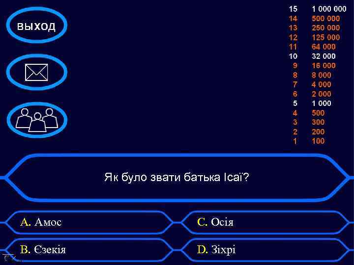 Як було звати батька Ісаї? А. Амос С. Осія В. Єзекія D. Зіхрі 