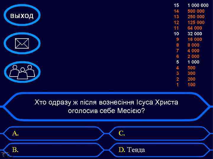 Хто одразу ж після вознесіння Ісуса Христа оголосив себе Месією? А. С. В. D.