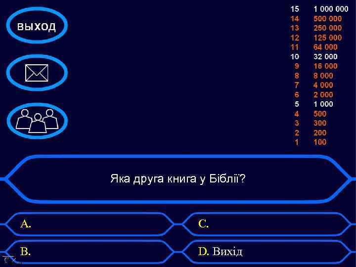 Яка друга книга у Біблії? А. С. В. D. Вихід 