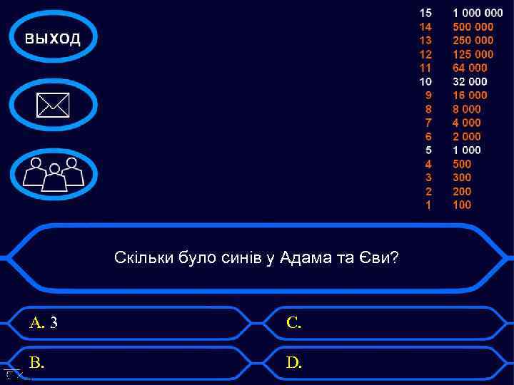 Скільки було синів у Адама та Єви? А. 3 С. В. D. 