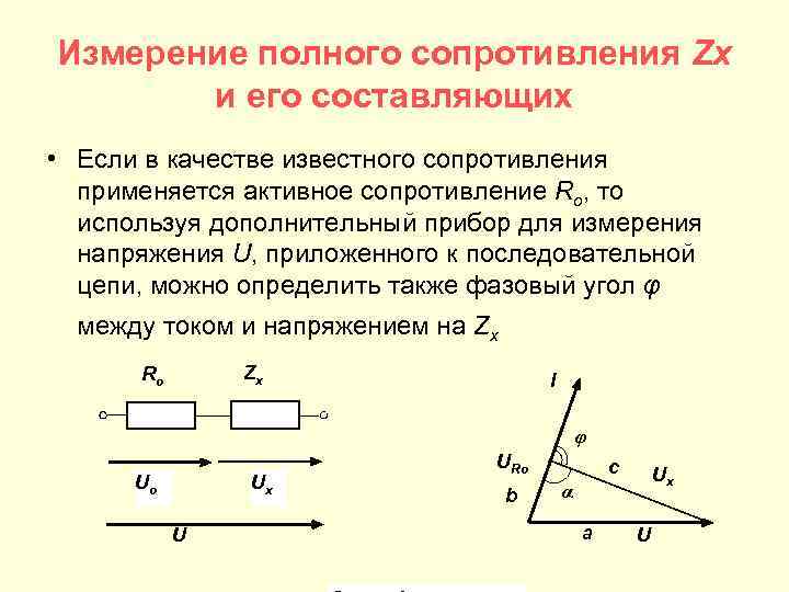 Измерение полного сопротивления Zx и его составляющих • Если в качестве известного сопротивления применяется