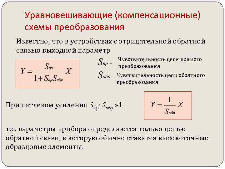 Уравновешивающие (компенсационные) схемы преобразования Известно, что в устройствах с отрицательной обратной связью выходной параметр