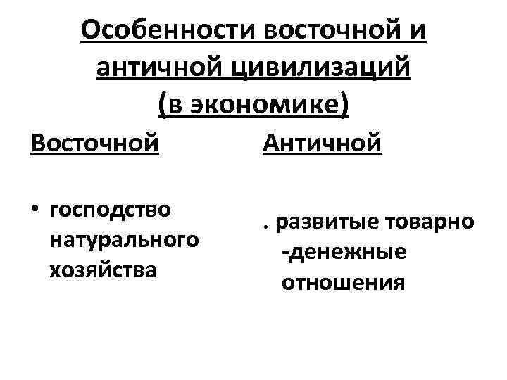 Особенности восточной и античной цивилизаций (в экономике) Восточной Античной • господство натурального хозяйства .