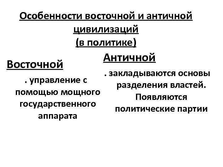 Особенности восточной и античной цивилизаций (в политике) Восточной Античной . закладываются основы. управление с
