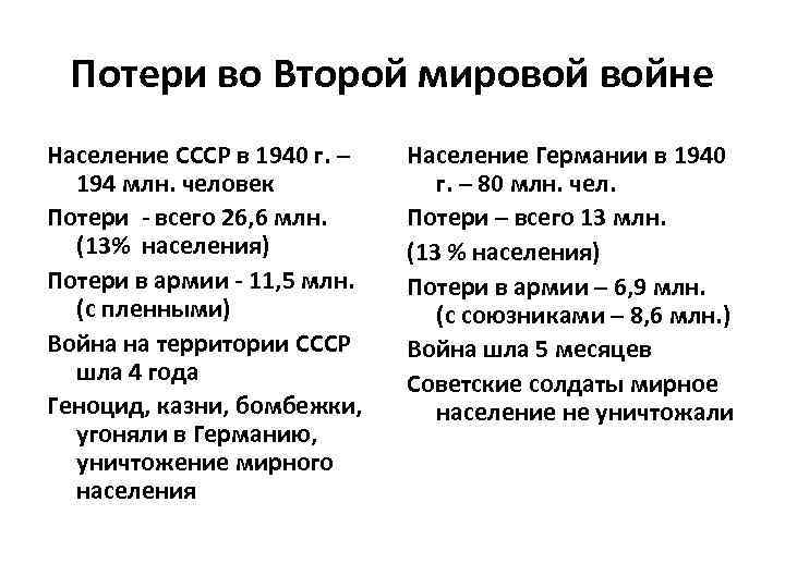 Потери во Второй мировой войне Население СССР в 1940 г. – 194 млн. человек