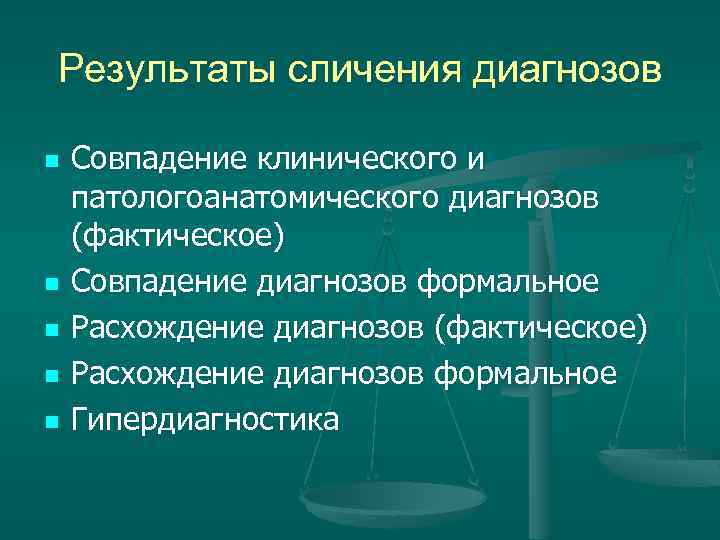 Результаты сличения диагнозов n n n Совпадение клинического и патологоанатомического диагнозов (фактическое) Совпадение диагнозов