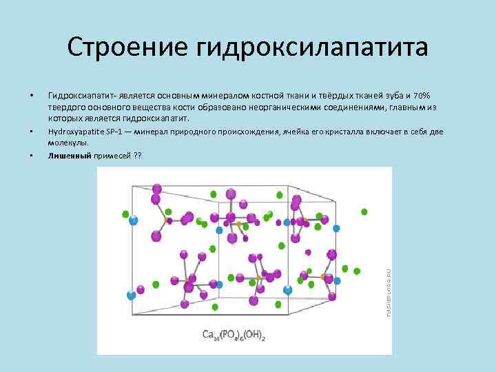 Строение гидроксилапатита • Гидроксиапатит- является основным минералом костной ткани и твёрдых тканей зуба и