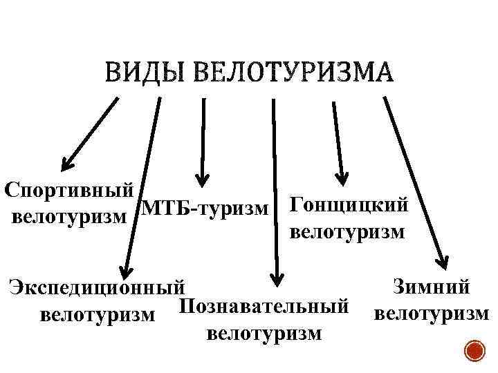 Спортивный МТБ-туризм Гонщицкий велотуризм Экспедиционный велотуризм Познавательный велотуризм Зимний велотуризм 