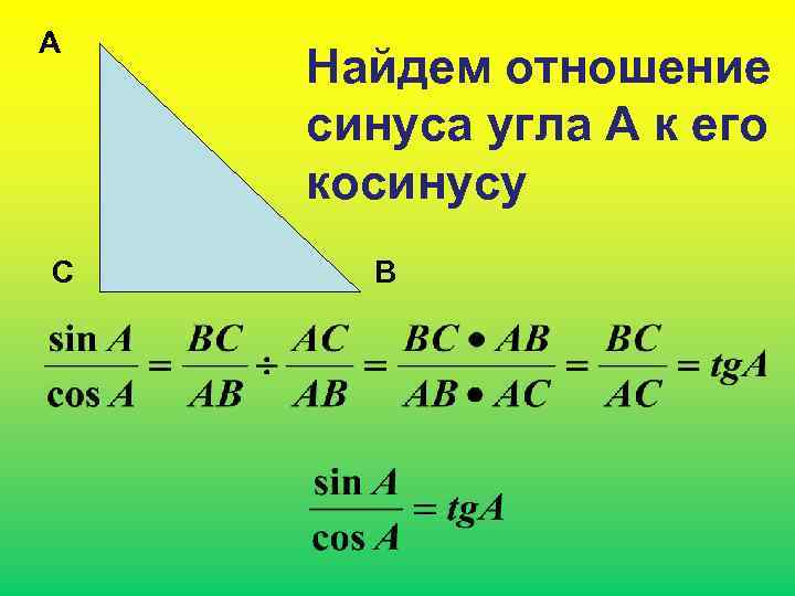 А С Найдем отношение синуса угла А к его косинусу В 