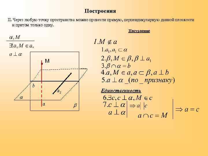 Построения II. Через любую точку пространства можно провести прямую, перпендикулярную данной плоскости и притом