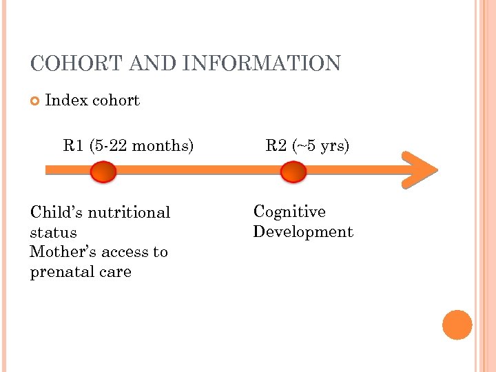 COHORT AND INFORMATION Index cohort R 1 (5 -22 months) Child’s nutritional status Mother’s