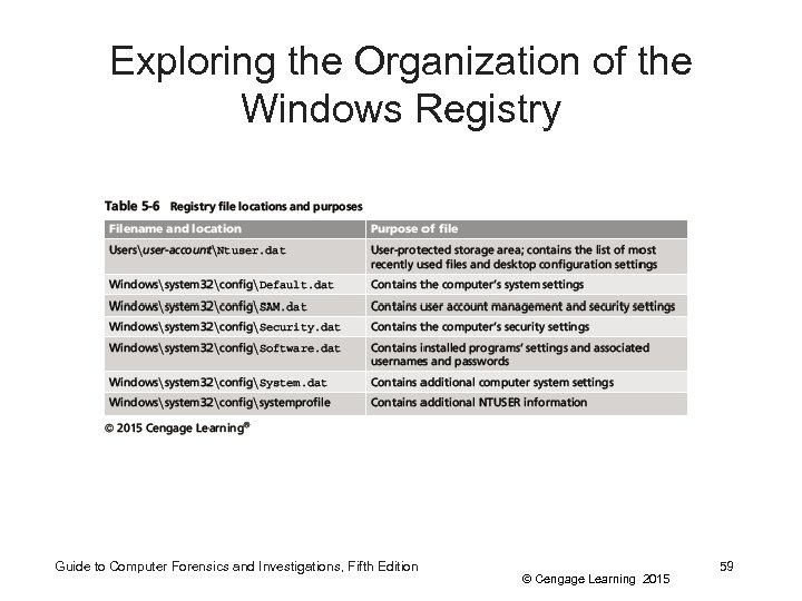 Exploring the Organization of the Windows Registry Guide to Computer Forensics and Investigations, Fifth
