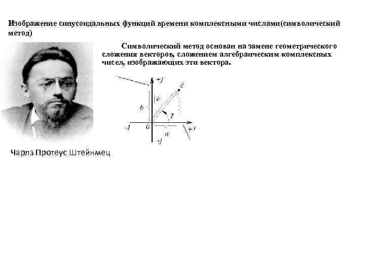 Изображение синусоидальных функций времени комплексными числами(символический метод) Символический метод основан на замене геометрического сложения