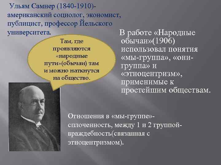  Ульям Самнер (1840 -1910)американский социолог, экономист, публицист, профессор Йельского университета. В работе «Народные