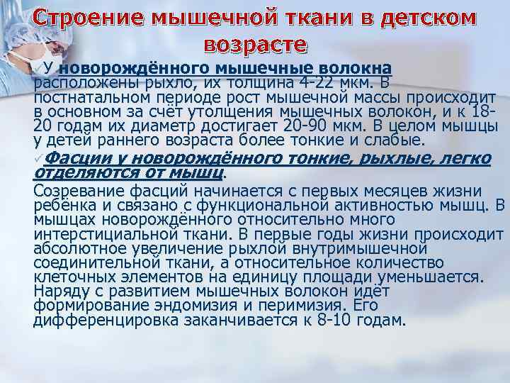 Строение мышечной ткани в детском возрасте üУ новорождённого мышечные волокна расположены рыхло, их толщина