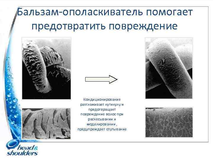 Бальзам-ополаскиватель помогает предотвратить повреждение Кондиционирование разглаживает кутикулу и предотвращает повреждение волос при расчесывании и