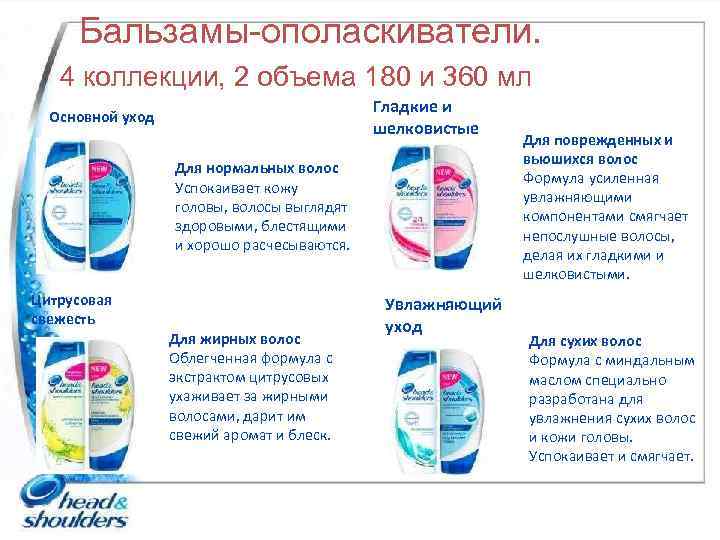 Бальзамы-ополаскиватели. 4 коллекции, 2 объема 180 и 360 мл Гладкие и шелковистые Основной уход