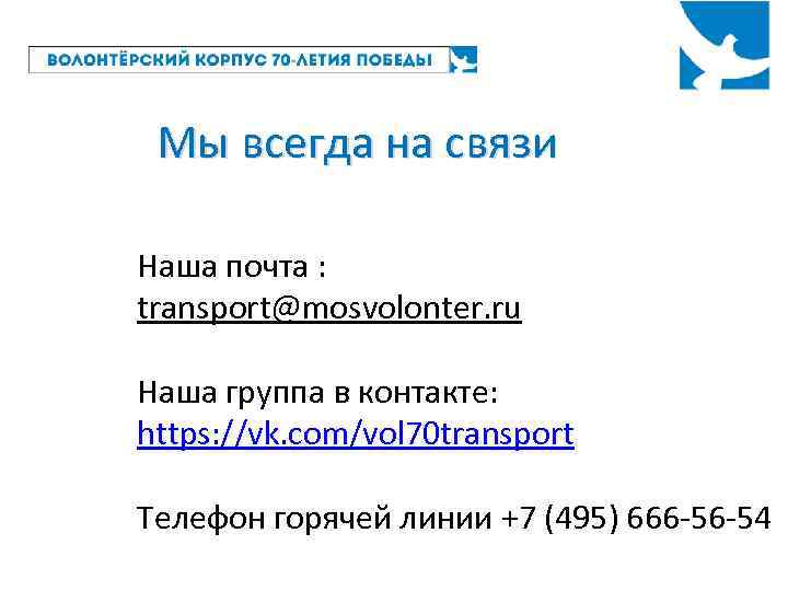 Мы всегда на связи Наша почта : transport@mosvolonter. ru Наша группа в контакте: https: