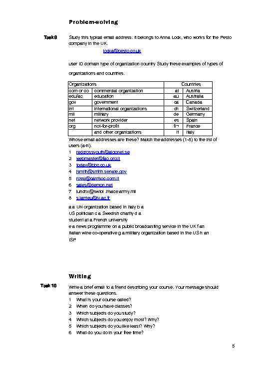 Problem-solving Task 9 Study this typical email address. It belongs to Anna Lock, who