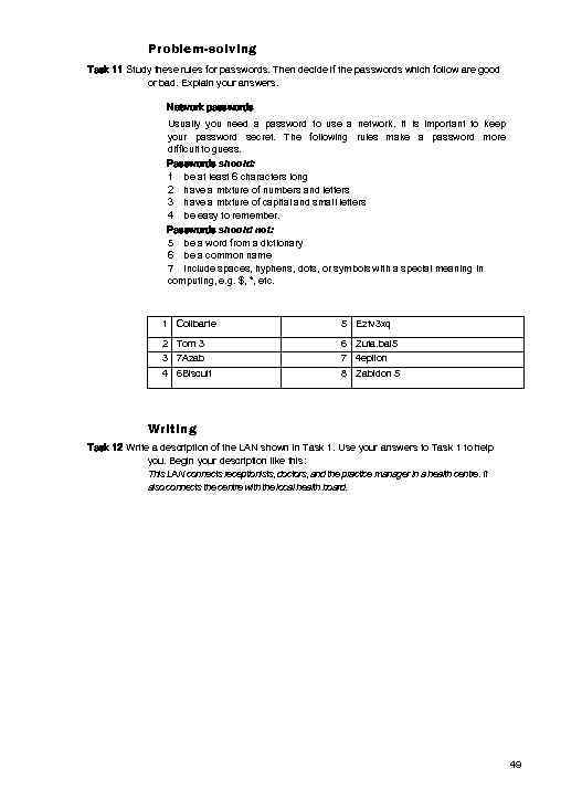 Problem-solving Task 11 Study these rules for passwords. Then decide if the passwords which