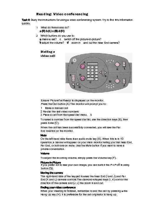Reading: Video conferencing Task 6 Study the instructions for using a video conferencing system.