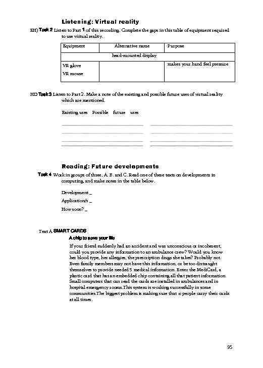 Listening: Virtual reality EH) Task 2 Listen to Part 1 of this recording. Complete