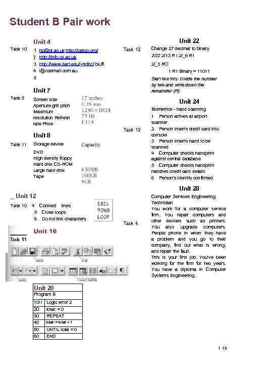 Student B Pair work Unit 22 Unit 4 Task 10 1 jtp@gl. ac. uk