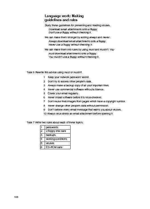 Language work: Making guidelines and rules Study these guidelines for preventing and treating viruses.