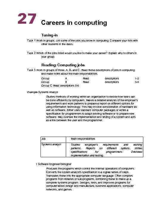 Careers in computing Tuning-in Task 1 Work in groups. List some of the jobs