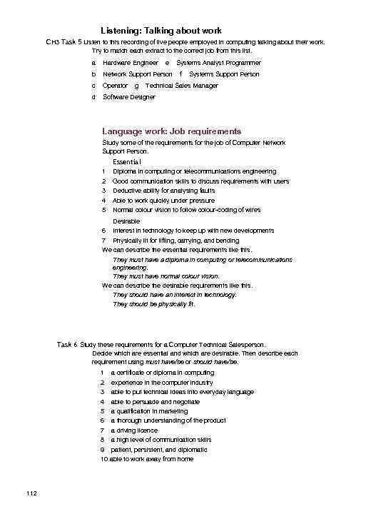 Listening: Talking about work CH 3 Task 5 Listen to this recording of live
