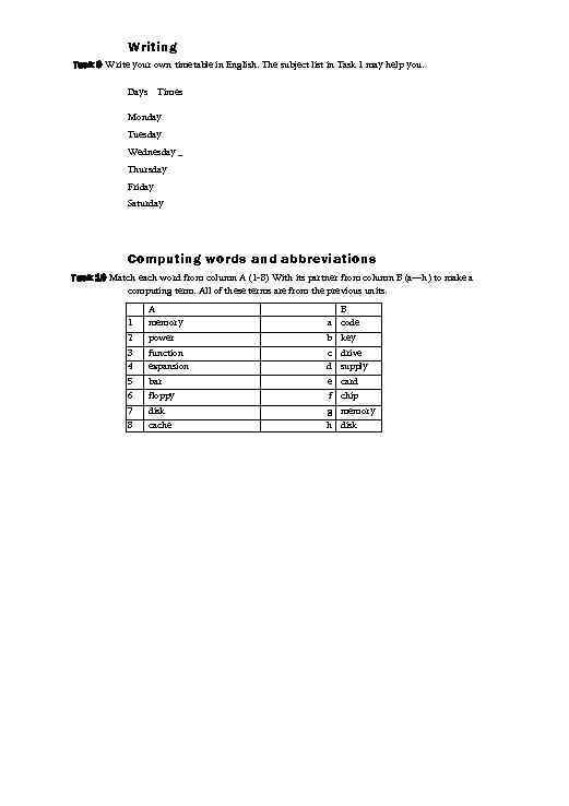 Writing Task 9 Write your own timetable in English. The subject list in Task