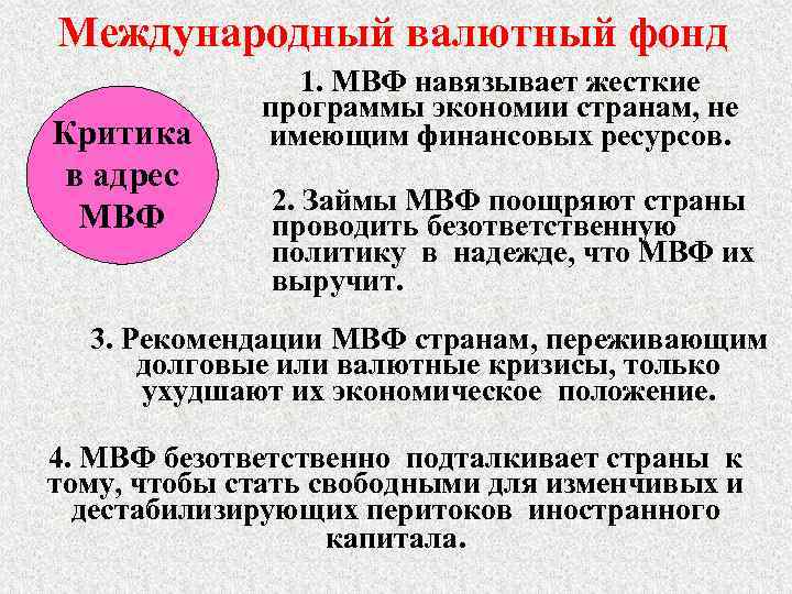 Международный валютный фонд Критика в адрес МВФ 1. МВФ навязывает жесткие программы экономии странам,