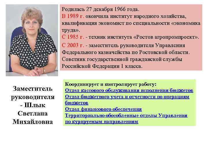Родилась 27 декабря 1966 года. В 1989 г. окончила институт народного хозяйства, квалификация экономист