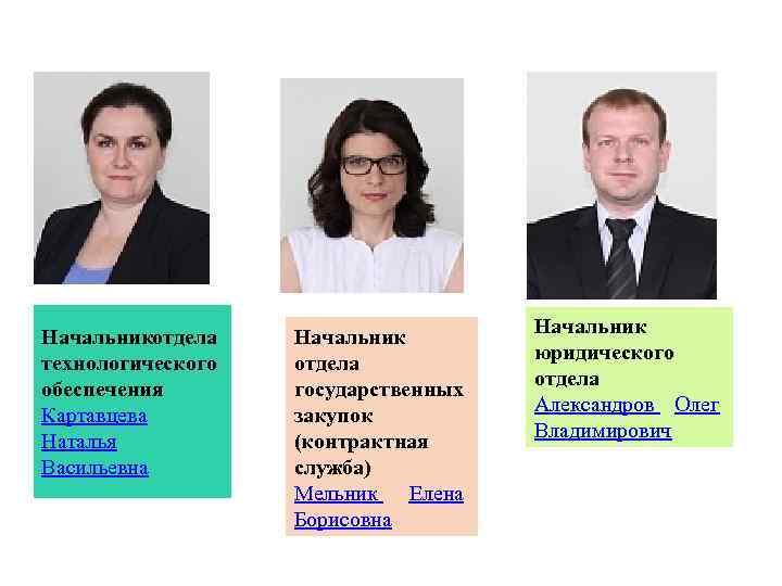 Начальник тдела о технологического обеспечения Картавцева Наталья Васильевна Начальник отдела государственных закупок (контрактная служба)