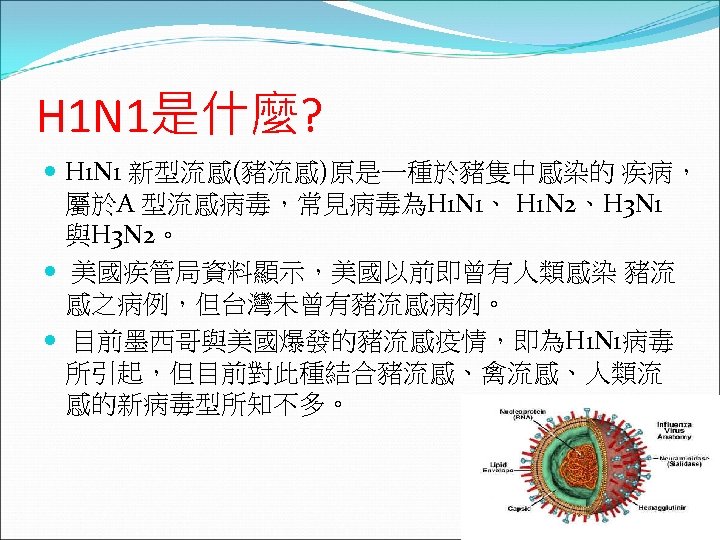 H 1 N 1是什麼? H 1 N 1 新型流感(豬流感)原是一種於豬隻中感染的 疾病， 屬於A 型流感病毒，常見病毒為H 1 N