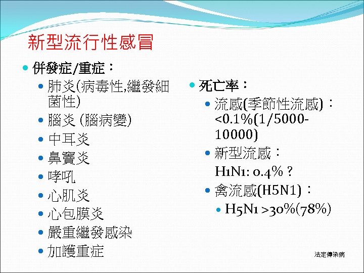 新型流行性感冒 併發症/重症： 肺炎(病毒性, 繼發細 菌性) 腦炎 (腦病變) 中耳炎 鼻竇炎 哮吼 心肌炎 心包膜炎 嚴重繼發感染 加護重症