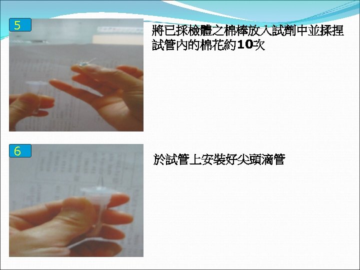 5 6 將已採檢體之棉棒放入試劑中並揉捏 試管內的棉花約10次 於試管上安裝好尖頭滴管 