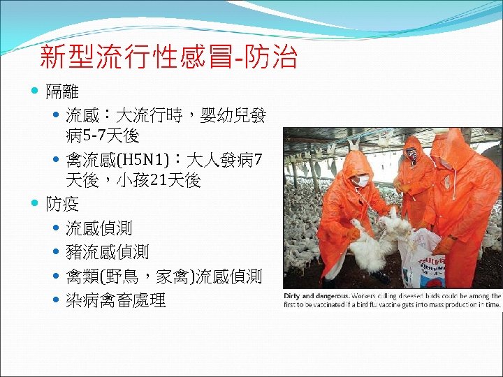 新型流行性感冒-防治 隔離 流感：大流行時，婴幼兒發 病5 -7天後 禽流感(H 5 N 1)：大人發病7 天後，小孩 21天後 防疫 流感偵測 豬流感偵測