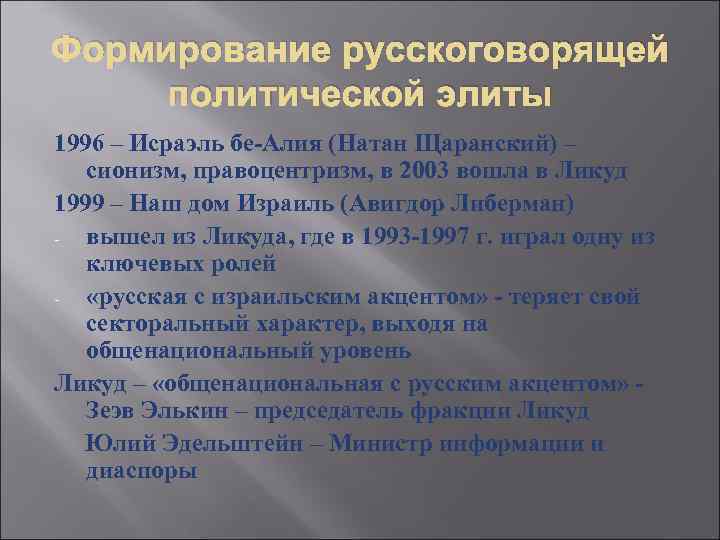 Формирование русскоговорящей политической элиты 1996 – Исраэль бе-Алия (Натан Щаранский) – сионизм, правоцентризм, в