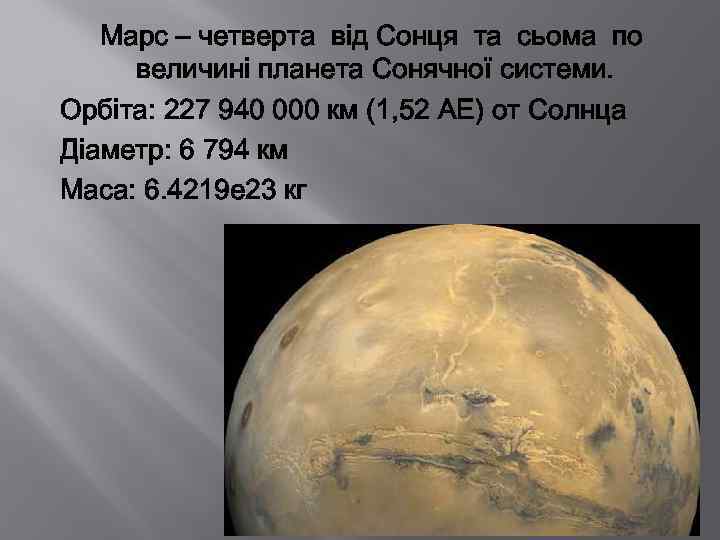 Марс – четверта від Сонця та сьома по величині планета Сонячної системи. Орбіта: 227