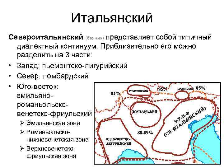 Итальянский Североитальянский (без «н» ) представляет собой типичный диалектный континуум. Приблизительно его можно разделить