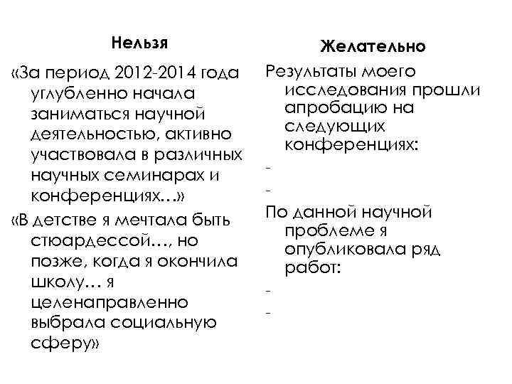 Нельзя «За период 2012 -2014 года углубленно начала заниматься научной деятельностью, активно участвовала в