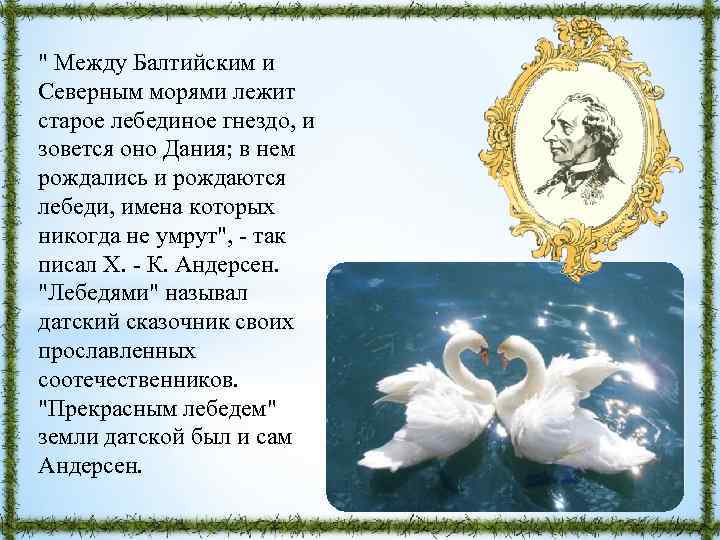" Между Балтийским и Северным морями лежит старое лебединое гнездо, и зовется оно Дания;